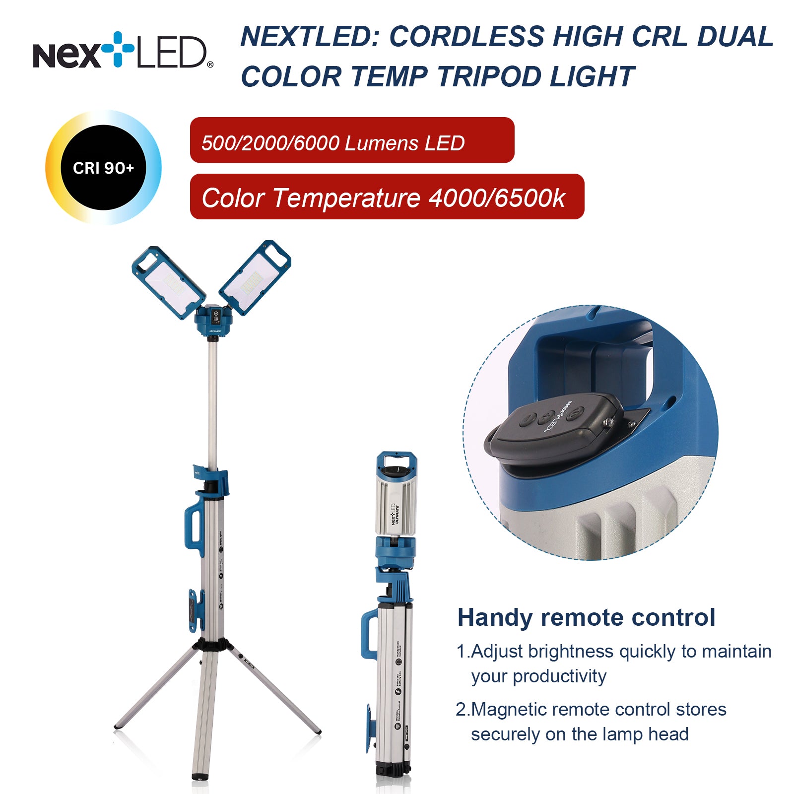 NextLED NT-6926M Rechargeable Cordless Dual Color CRI 90 Tripod LED Shop Light